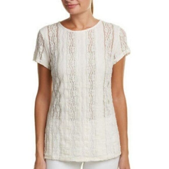 CAbi Lace Top Ivory Style 260 Short Sleeve Keyhole Back Size S - Picture 1 of 6
